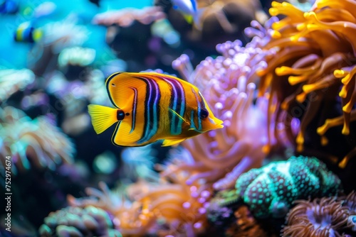 Colorful fish swimming in a coral reef aquarium