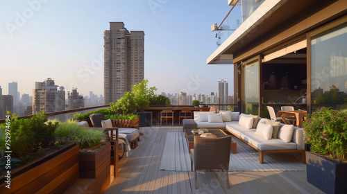 A sleek rooftop garden with lush greenery and panoramic views