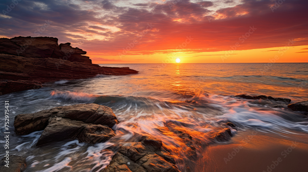 Majestic Sunset Over Rocky Coastal Landscape Majestic Sunset Over Rocky Coastal Landscape