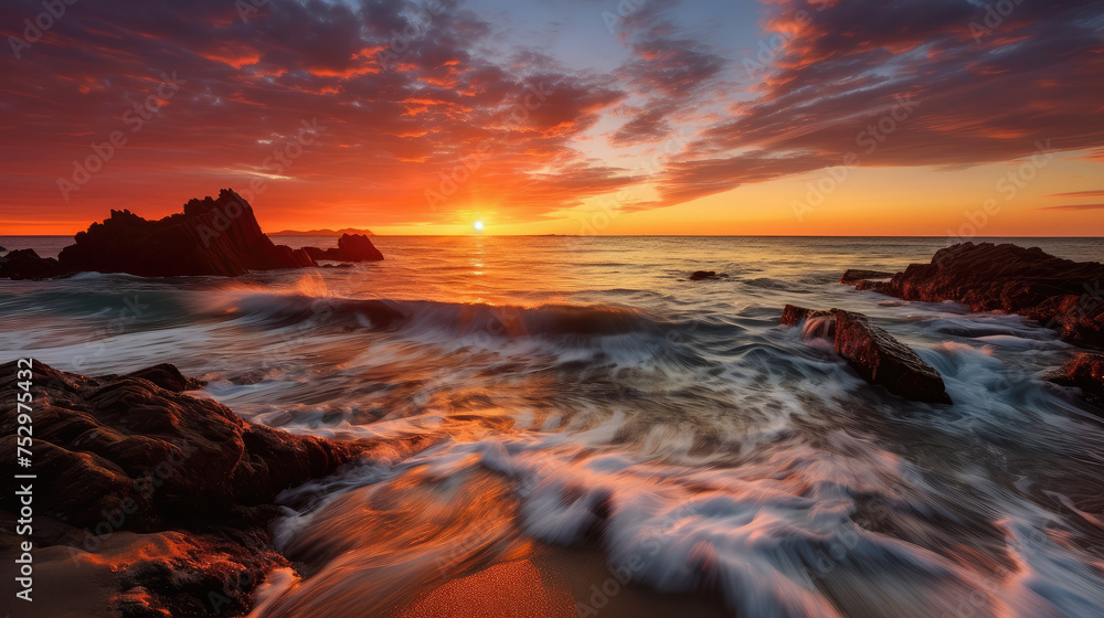 Obraz premium Serene Sunset at Rocky Seashore with Waves