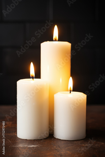 Three Candles Burning Peacefully in Dark Ambience