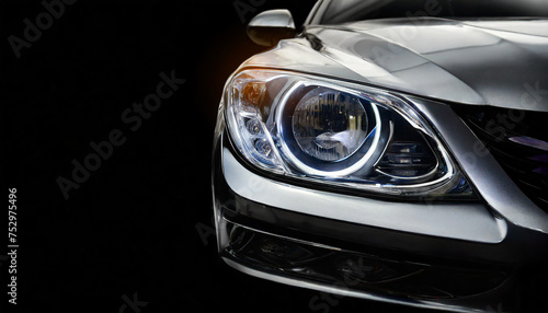 Detail on one of the LED headlights modern car on black background,