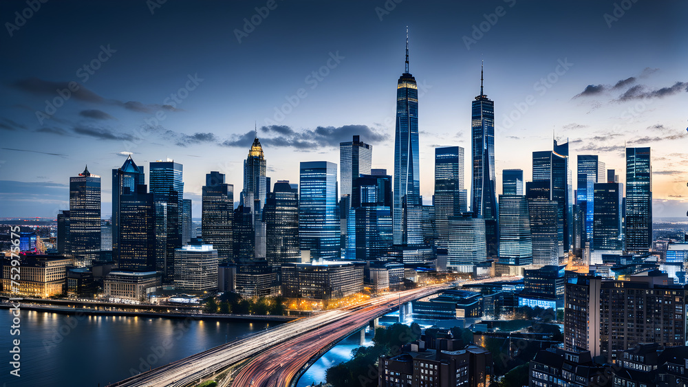 Fototapeta premium A photo of the skyline of stunning buildings with a stunning city night view. generative AI.