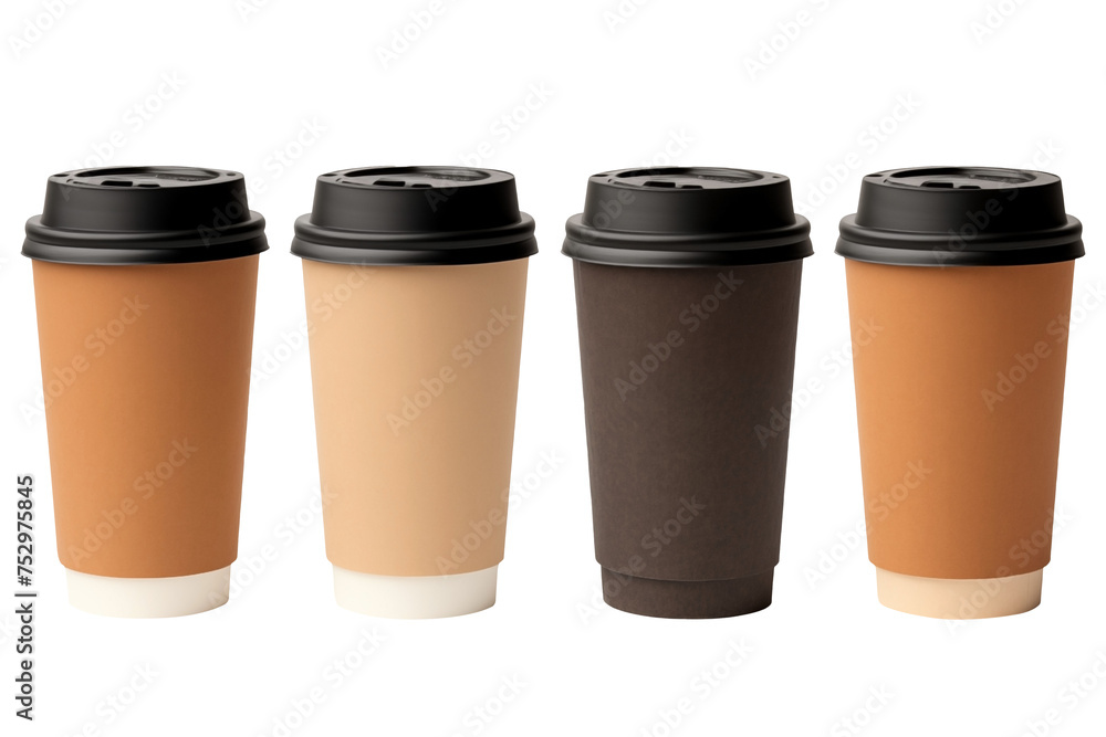 Set of cardboard coffee Paper cups PNG with plastic lid isolated on white and transparent background - coffee shop drinks advertising concept - coffee shop banner