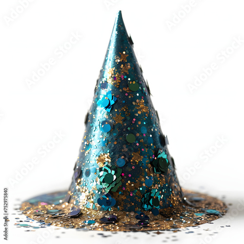 Sparkly Blue Party Hat Isolated on White Background. Birthday Cap