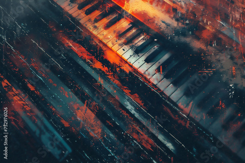 Abstract background illustration of a piano with grunge noise and colorful texture. Music industry theme. Generative AI photo