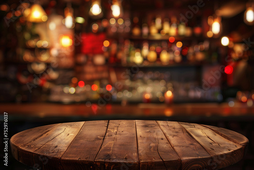 Generative AI image of a wooden round table and pub or bar blur background. photo