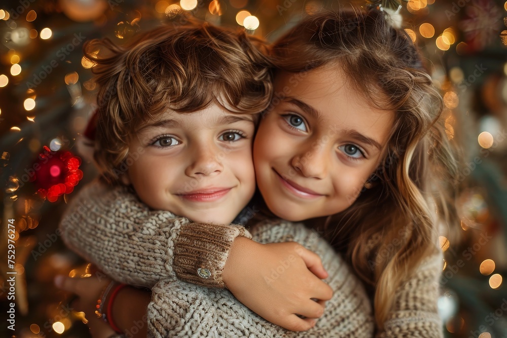 Siblings share a loving hug against a backdrop of sparkling Christmas lights Siblings share a loving hug against a backdrop of sparkling Christmas lights