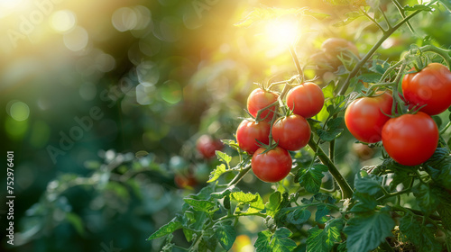 Ripe tomatoes growing on a branch with green leaves in the garden. Sunny day. Bokeh effect. AI generative