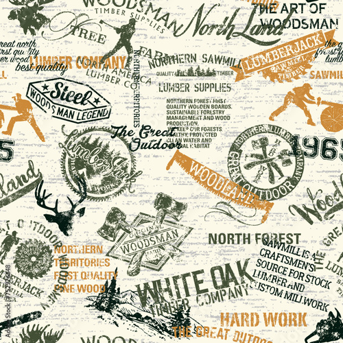 Lumberjack woodsman badge symbols and silhouettes patchwork grunge vector seamless pattern for fabric shirt wear wallpaper tablecloth pillow with melange background