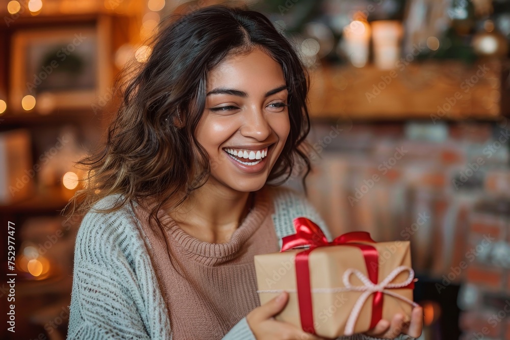 A woman with an infectious smile holding a gift box with a ribbon, against a holiday-inspired background A woman with an infectious smile holding a gift box with a ribbon, against a holiday-inspired background