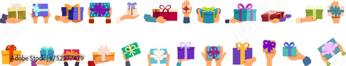 Hands holding gift box icons set cartoon vector. Christmas present. New year souvenir