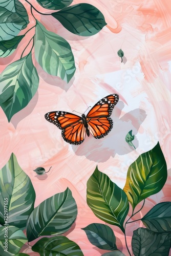 Vibrant butterflies and flowers on colorful backdrop. A vivid composition featuring colorful butterflies and blooming flowers on a colored textured background, symbolizing the beauty of nature