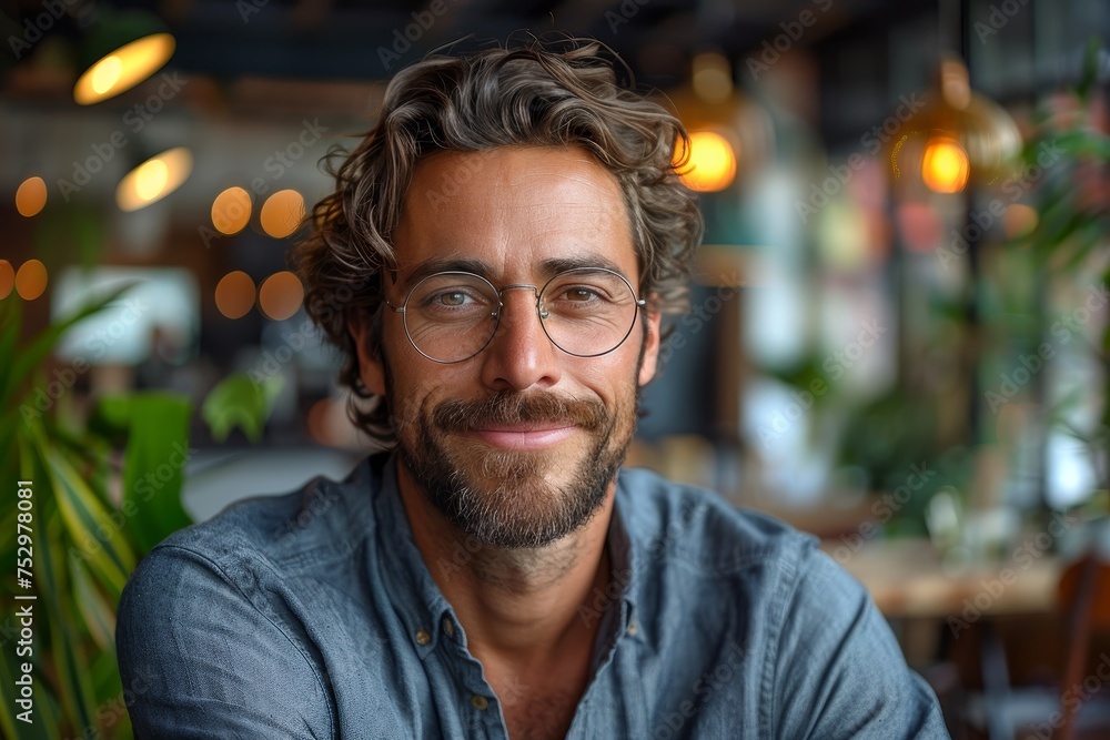 Handsome bearded man with spectacles in a casual shirt, smiling at a modern café setting Handsome bearded man with spectacles in a casual shirt, smiling at a modern café setting
