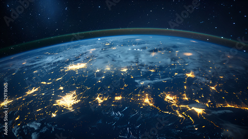 Atmosphere of the Earth from space view of planet Earth. City lights,night view of planet Earth from space, beautiful background with lights and stars 