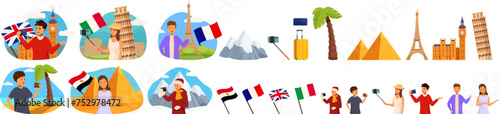 Travel blogger icons set cartoon vector. Phone video create. Posting social media