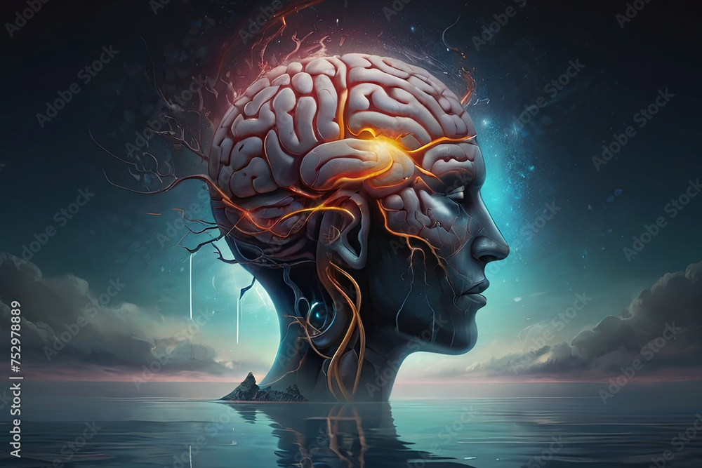 Surreal brain, mind, soul, and hope concept art. Illustration of imagination, mystery, and success. SEO-friendly surreal artwork. - obrazy, fototapety, plakaty 