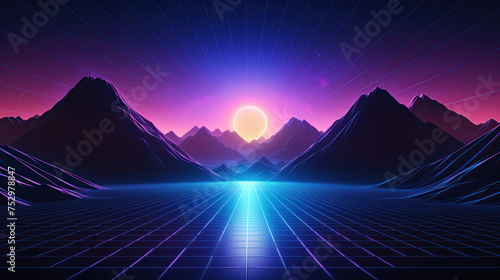 Synthwave retro cyberpunk style landscape background banner or wallpaper. Bright neon pink and purple colors generative ai