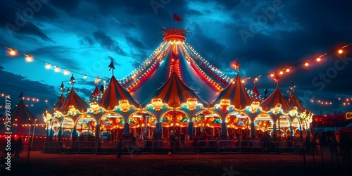 Vibrant circus tent at night filled with enthusiastic spectators and lights. Concept Circus Night, Enthusiastic Spectators, Vibrant Lights, Nighttime Atmosphere © Anastasiia