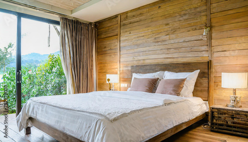 empty double bed and lamp on side of bed in luxury and natural style bedroom is decorated with wooden boards