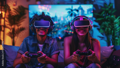 Modern youth in a virtual reality headset play video games in an online club. photo