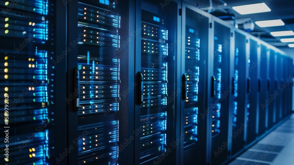 Network server room with racks of equipment for data management. Network server room with racks of equipment for data management.