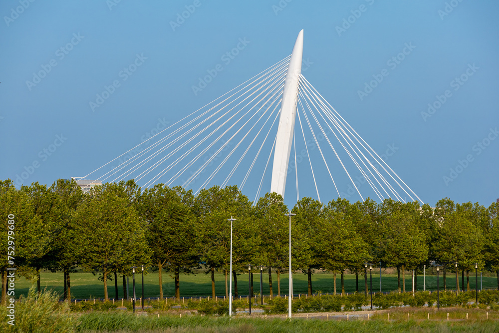 Fototapeta premium Utrecht, the Netherlands. 5 June 2023. The Prins Claus brug is a steel cable-stayed bridge over the Amsterdam-Rhine Canal within the city of Utrecht and was designed by Ben van Berkel