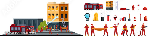 Fireman department work icons set cartoon vector. Young adult. Uniform equipment
