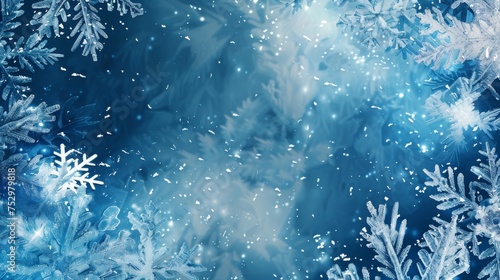 Abstract winter wonderland background with snowflakes and frost patterns