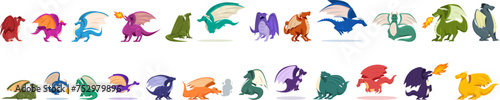 Flying fantasy dragon icons set cartoon vector. Animal wings. Reptile magic scary