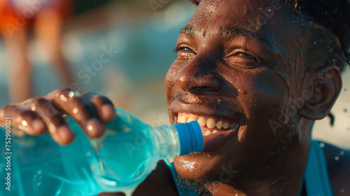 Ultra realistic close-up photography of famous soccer player vinicius jr smiling sweaty and drinking a cyan gatorade glass bottle, captured by an iphone 14 pro max photo