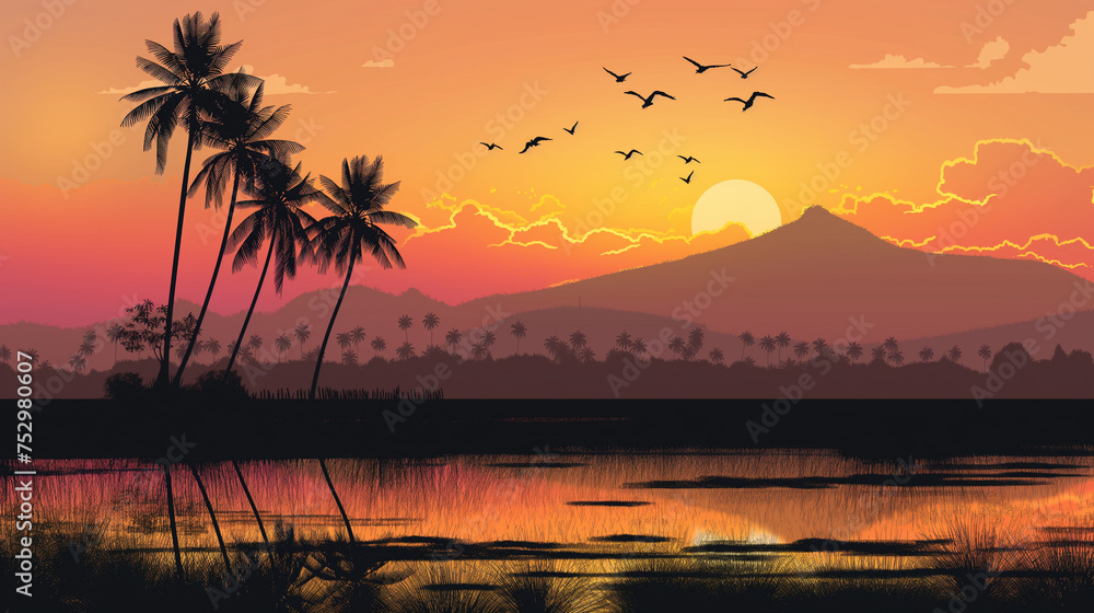 South east asia countryside withrice fields on sunset time.silhouette design