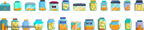 Money box tips icons set cartoon vector. Glass donation. Donate finance jar