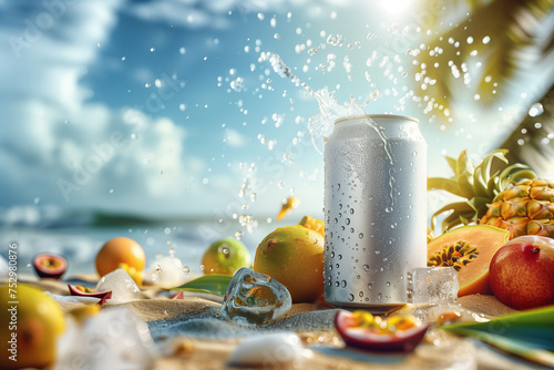 Soda Can and Fruit on Beach