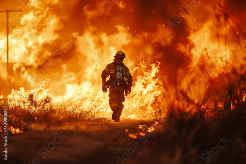 A fireman extinguishing a large forest fire