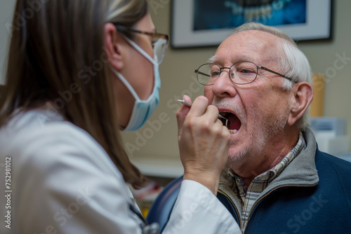 ENT physician examining mouth of a senior man