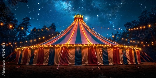 Colorful and illuminated circus tent with stars in the night sky. Concept Circus tent, Night sky, Stars, Colorful, Illuminated © Anastasiia
