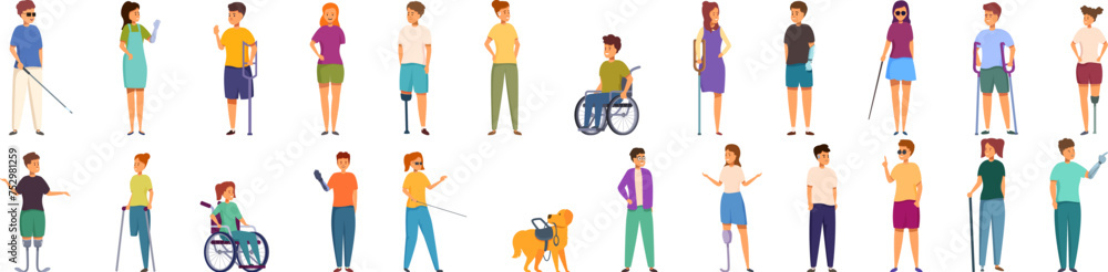 Obraz premium Disabled children icons set cartoon vector. Family handicapped kids. Health problem