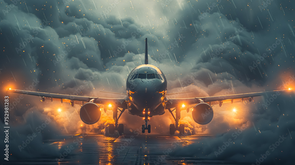 Airplane in the rain. 3D illustration. 3D rendering. - obrazy, fototapety, plakaty 