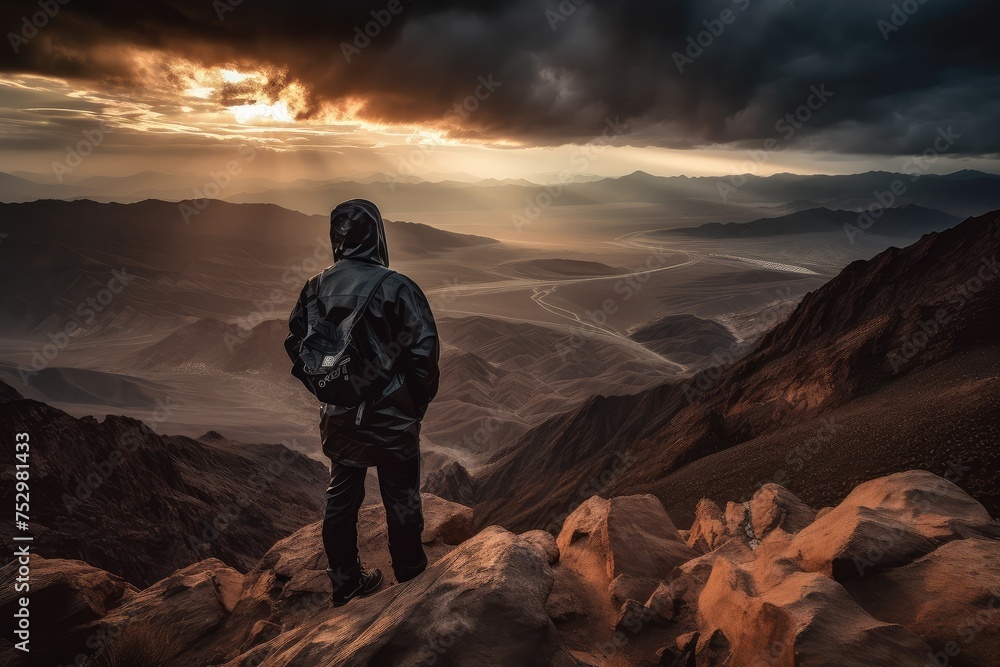 Adventurer Overlooking Mountainous Landscape at Sunset