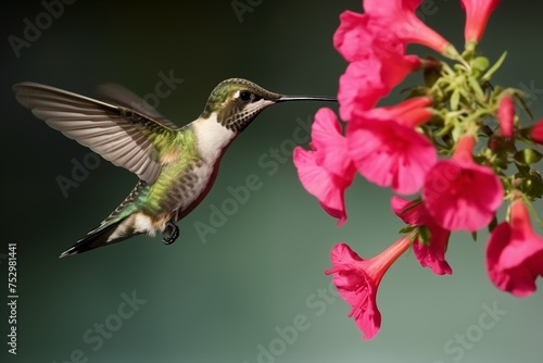 A Hummingbird is Feeding From a Pink Flower © Objectype