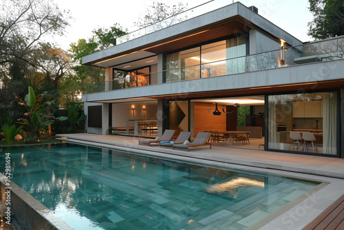 A modern house with a swimming pool © grey