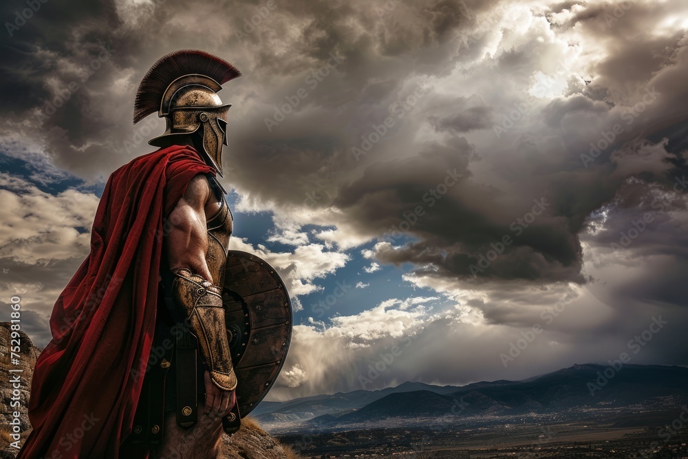 Fototapeta premium A warrior in ancient armor standing against a dramatic sky.