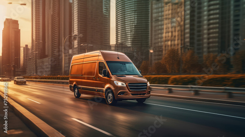 Orange Van in Motion on Urban City Highway