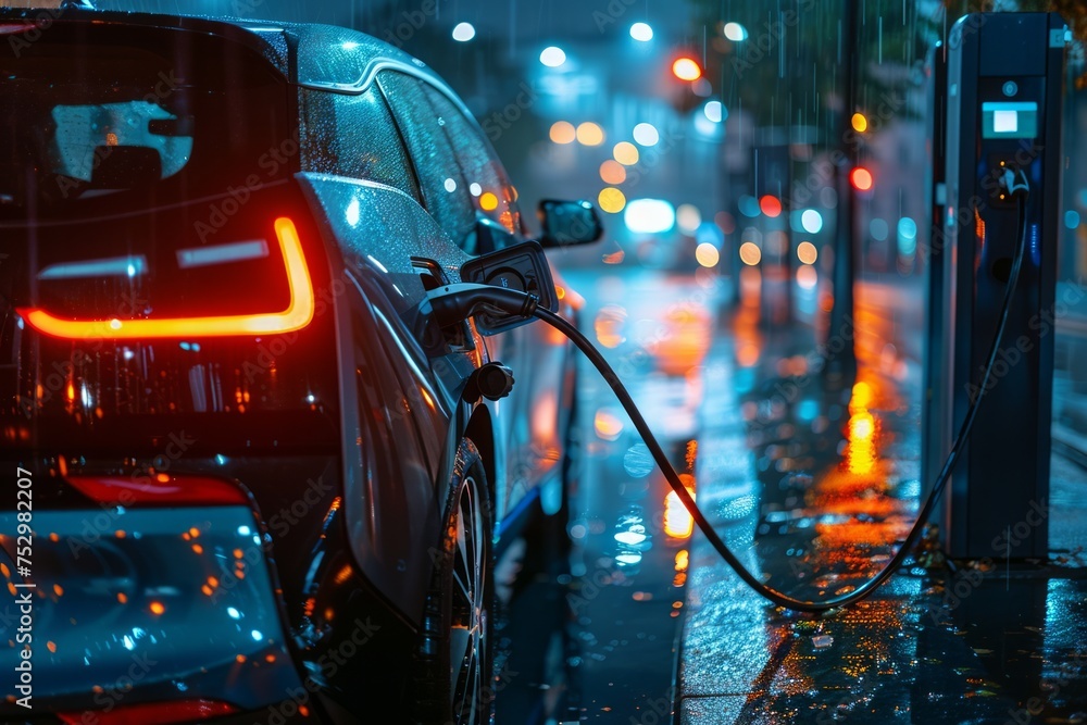 An electric car charging at a station on a rainy evening. An electric car charging at a station on a rainy evening.