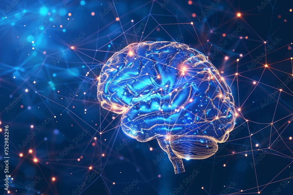 A glowing digital illustration of a human brain with neural connections on a blue background. A glowing digital illustration of a human brain with neural connections on a blue background.