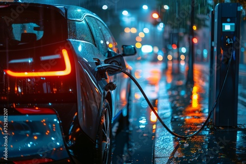 An electric car charging at a station on a rainy evening.