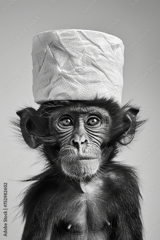 custom made wallpaper toronto digitalToilet paper roll balancing on monkey head. An ironic and humorous image of a monkey, its face censored, with a roll of toilet paper perfectly balanced on its head