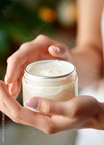 Female hands holding moisturizing cream. Skincare product. Ai Generative