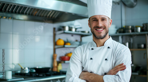 brutal male chef in kitchen in a chef's hat with standing in restaurant kitchen and smiling, proffesional photoshoot, Blur effect in the background